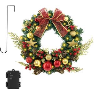 16 Inch Pre-Lit Christmas Door Wreath with Timer & Hanger & 50LED Warm Lights, Decor with Bow & Golden Ball & Star ect., Artificial Christmas Wreath for Door & Window & Fireplace
