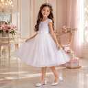 Girls Pearl Ankle Strap Heels, Bow Block Heel Dress Sandals for Wedding | Elegant Girls Dress Sandals With Pearl Ankle Strap, Satin Bow, And Low Block Heel, Ideal For Weddings, Parties (White) 2Y