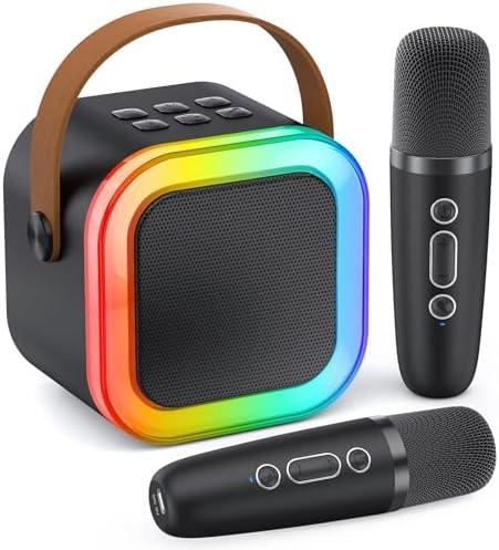 Mini Karaoke Machine for Kids Adults, 2025 TOP Christmas Birthday Gifts for Boys 3,4,5,6,7,8,9,10+ Years Old Toddler Toys, Portable Bluetooth Speaker with 2 Wireless Karaoke Microphones Player(Black)