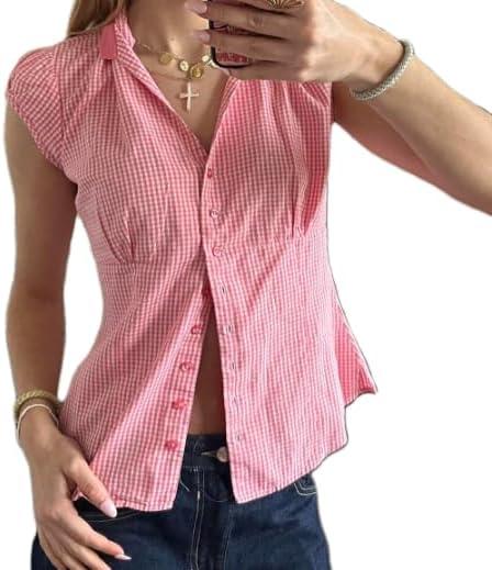 Women's Y2K Button Down Shirt Turn Down Collar Short Sleeve Plaid/Striped Print Frill Trim Crop Casual Top (Pink, S)