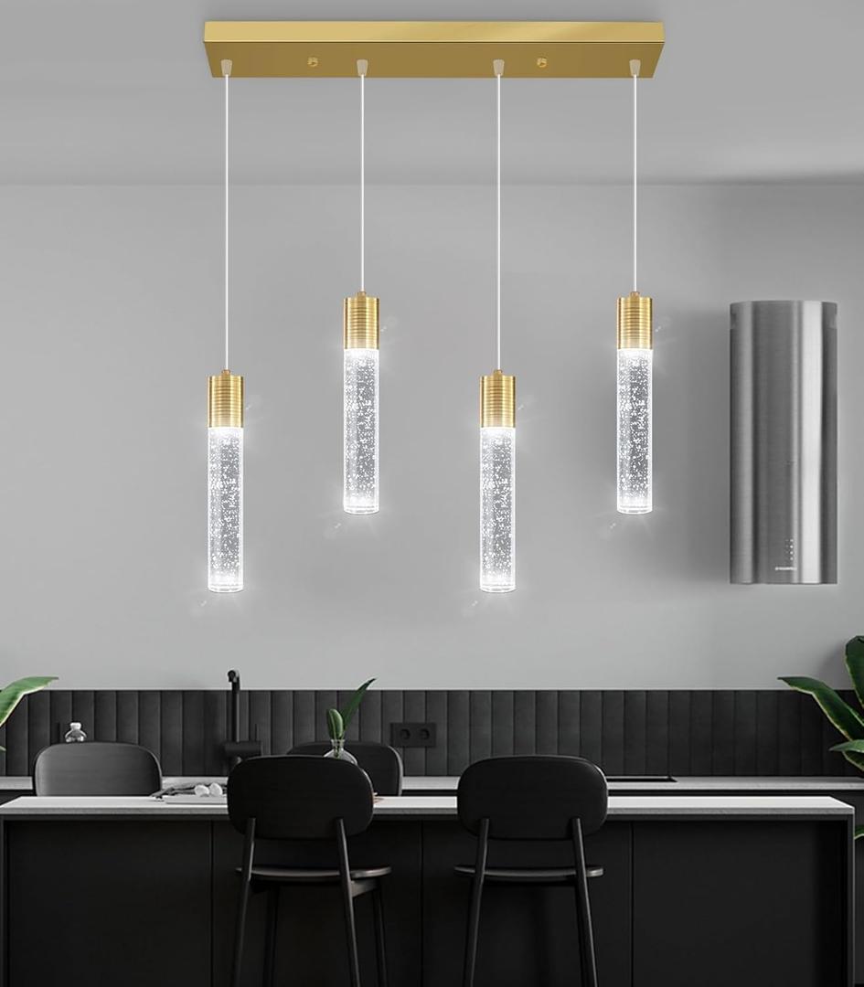 4-Lights Modern Crystal Chandeliers for Kitchen Island Mini Pendants Lighting Fixture LED Ceiling Light for Dining Room Living Room 6000K (Gold)