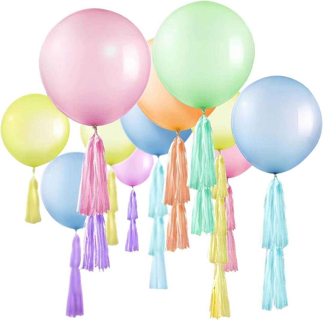 36 Inch Large Pastel Balloons, 12 Set Macaron Balloons with Tassels, Giant Latex Balloons for Birthday Party, Baby Shower, Bridal Shower, Easter, Wedding, Gender Reveal, Party Decorations