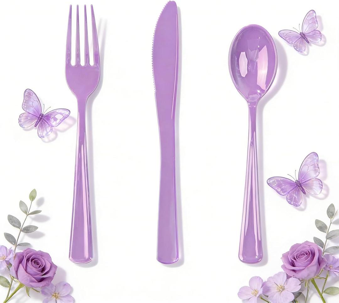 WDF 160 Piece Purple Plastic Silverware - Heavy Duty Purple Silverware Includes 80 Forks, 40 Spoons, 40 Knives, Lavender Plastic Utensils Perfect for Wedding, Party