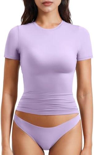 YEOREO Women Fitted Workout Tops Short Sleeve Double Lined Basic Y2K Going Out Crew Neck Compression Crop Top, Size L, Purple