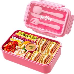 Jelife Kids Lunch Bento Box, Large Bento-Style Leakproof Boxes 4 Compartments Girls Snack Containers with Tableware for Back to School, Reusable On-the-Go Meal and Packing, Pink