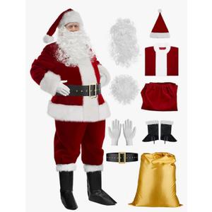 Mannice Santa Claus Costume for Men 9PCS, Christmas Santa Costume Adult Deluxe Santa Suit Professional Santa Outfit