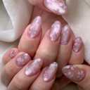 Pink Flowers Press on Nails Medium Almond Fake Nails Jelly False Nails Press ons with Peachy Floral Designs Reusable Acrylic Nails Glossy Full Cover Artificial Stick on Nails for Women Manicure 24Pcs