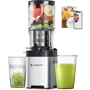 AMZCHEF Cold Press Juicer, 5.4" Juicer Machines with Large Feed Chute for Whole Fruits & Vegetables, Stainless Steel Juice Extractor with Large Auger, Dual Strainers, Easy Cleanup & Assembly