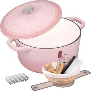VORRINGARD Enameled Cast Iron Dutch Oven Pot with Lid, for Bread Baking, Round Bread Oven- include Sourdough Bread Baking Supplies set, 4.5QT, Pink