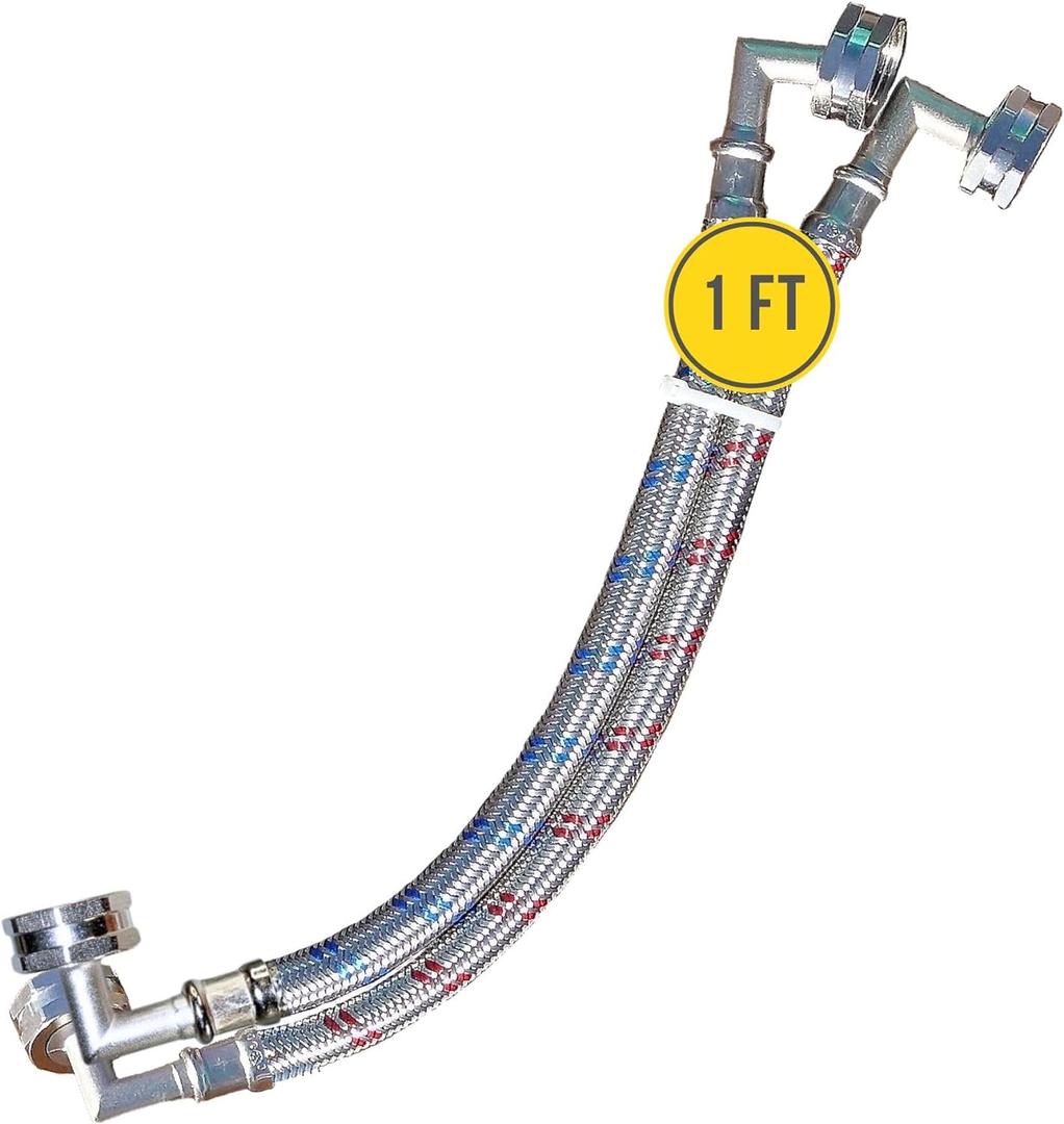 Short Washing Machine Hoses - DOUBLE 90 Elbow to FIT TIGHT SPACES - OCTAGON Connections for Secure Tightening - Burst Proof Washer Water Supply Line (2 Pack) - Universal Fit to All Washing Machines (1ft)