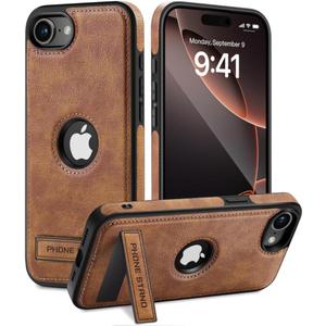 2 x Design for iPhone 16E Leather Case, Built-in Foldable Alloy Stand, Logo Visible Slim Kickstand Protective Phone Cover 2025 6.1 Inch (Brown)