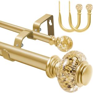 1 Inch Modern Gold Double Curtain Rod for Windows - Tension curtain rods 48 to 84 Inchs- Luxury Translucent Finials with Holdbacks -BHSRODS Home Double Window Rods for Living Room & Bedroom