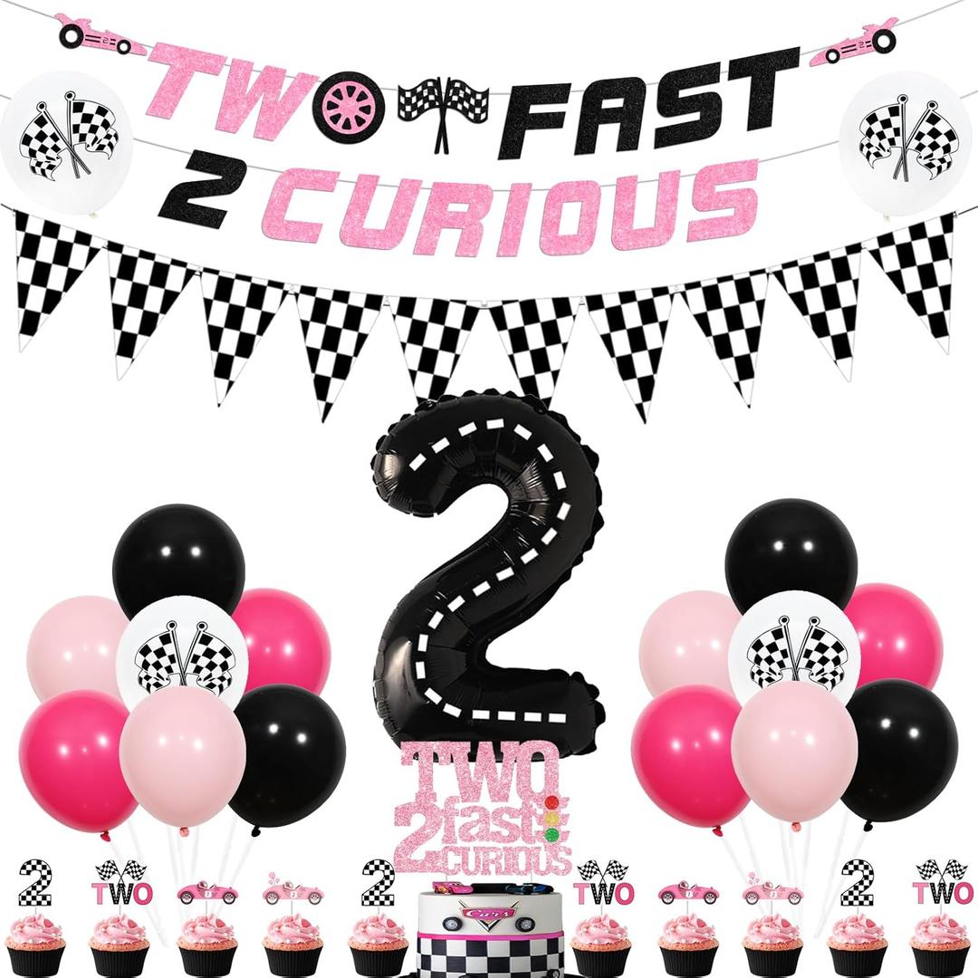 Two Fast 2 Curious Birthday Decorations Girl, Race Car 2nd Birthday Party Decorations Balloons Cake Cupcake Topper Checkered Flag Banner Number 2 Foil Balloon for Girls 2nd Birthday