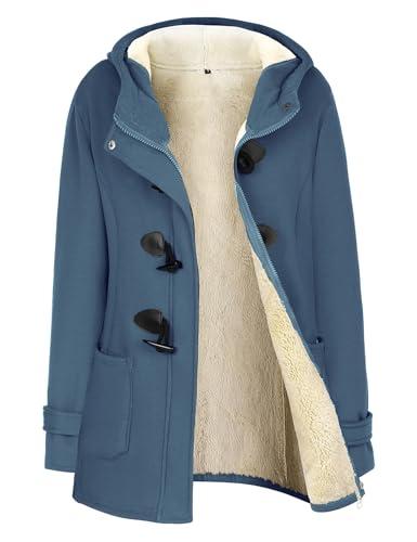 Gihuo Winter Jackets for Women Sherpa Lined Jacket Women Duffle Toggle Coat Hooded Fleece Jacket (Medium, BlueGrey)