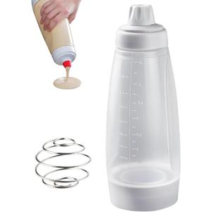 Pancake Batter Dispenser with Blender Balls,33 Oz Pancake Mixer Bottle, Batter Mixer, Kitchen Batter Squeezer Bottle with Graduated Lines and Sturdy Base for Cupcakes, Crepes, Muffins, Pancakes
