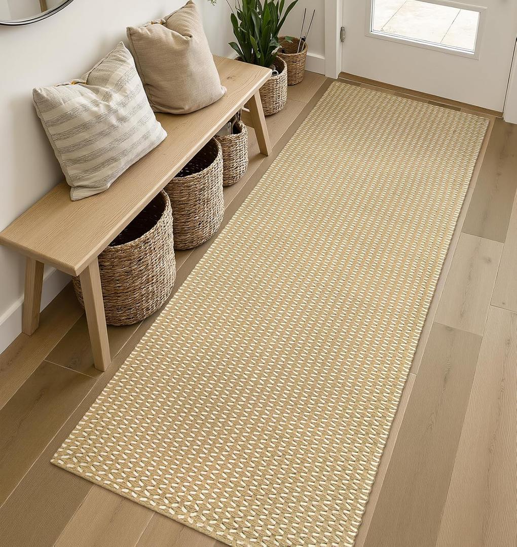OJIA Washable Runners for Hallways 2x6 ft, Cotton Hand-Woven Kitchen Runner Rugs Beige Entryway Floor Runner Farmhouse Carpet Runners for Bathroom Doorway Laundry Living Room Indoor Outdoor