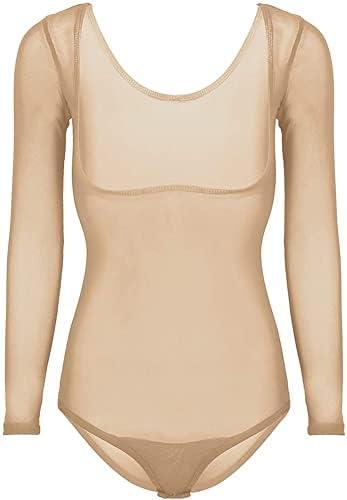 Nimiman Women's Belly Dance Bodysuit with Long Sleeves Mesh Sheer Leotard Tops L