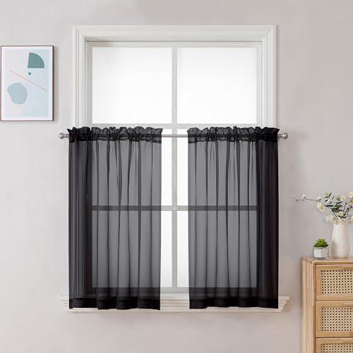 Chyhomenyc Black Sheer Curtains 30 inch Length 2 Panels, Light Filtering Voile Rod Pocket Short Window Curtians for Bathroom Living Room Farmhouse Small Windows, 42"Wx30"L inches