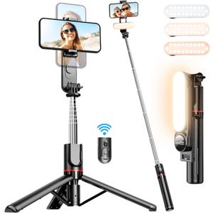 Stable Selfie Stick Tripod with Fill Light, 44 Inch Extendable Selfie Stick with Wireless Remote and Tripod Stand 360 Rotation for iPhone 15/14/13/12/11 Pro/XS Max/XS/XR/X/8/7, Samsung and Smartphone (Black)