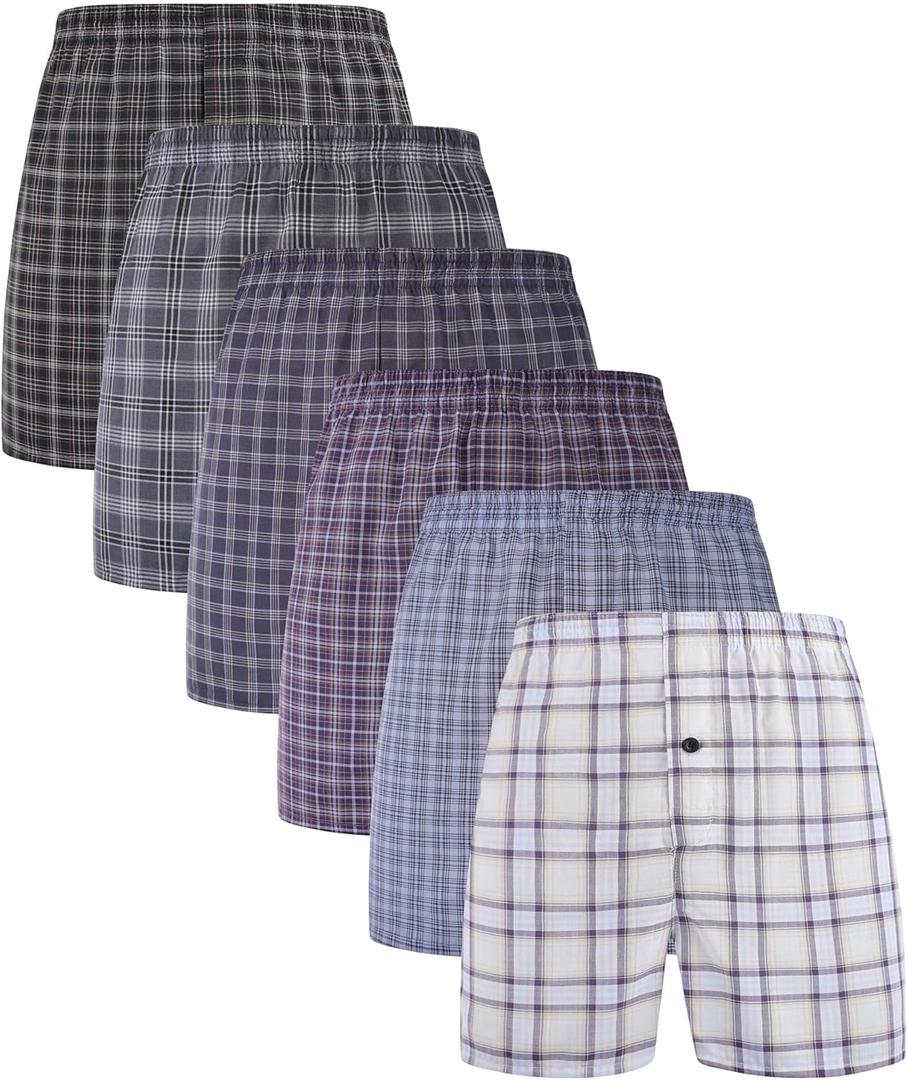 BAMBOO COOL Men's Underwear Woven Boxer Shorts,Classic Relaxed Fit,Lightweight Plaid Boxers,6 Pack (Large)
