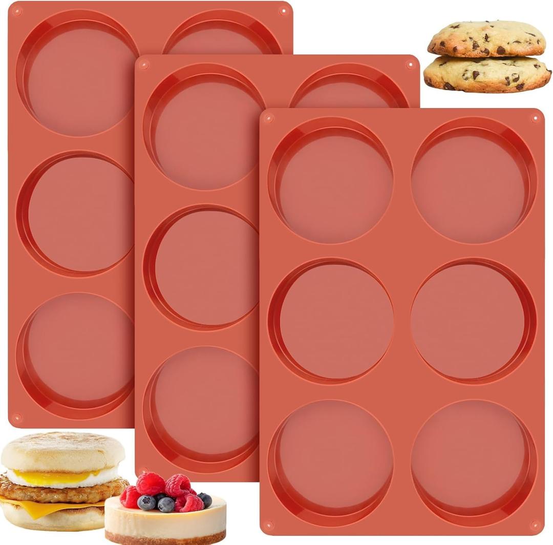 Ocmoiy 4 Inch Silicone Egg Molds for Baking/Jumbo Muffin Top Pans, 3 Pack Non-Stick Large Round Molds for Hamburger Bun, English Muffin, Tarts, Pies, Corn Bread, Egg Sandwich Breakfast