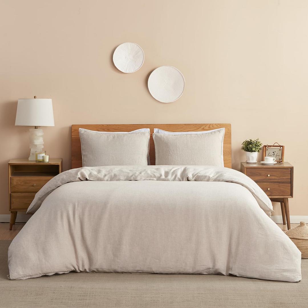 DAPU 100% Linen Duvet Cover, Pure Natural French Flax Linen with Corner Ties&Zipper Closure Soft Breathable Durable for Hot Sleepers 1 Duvet Cover 2 Pillowcases(Natural Linen, California King)