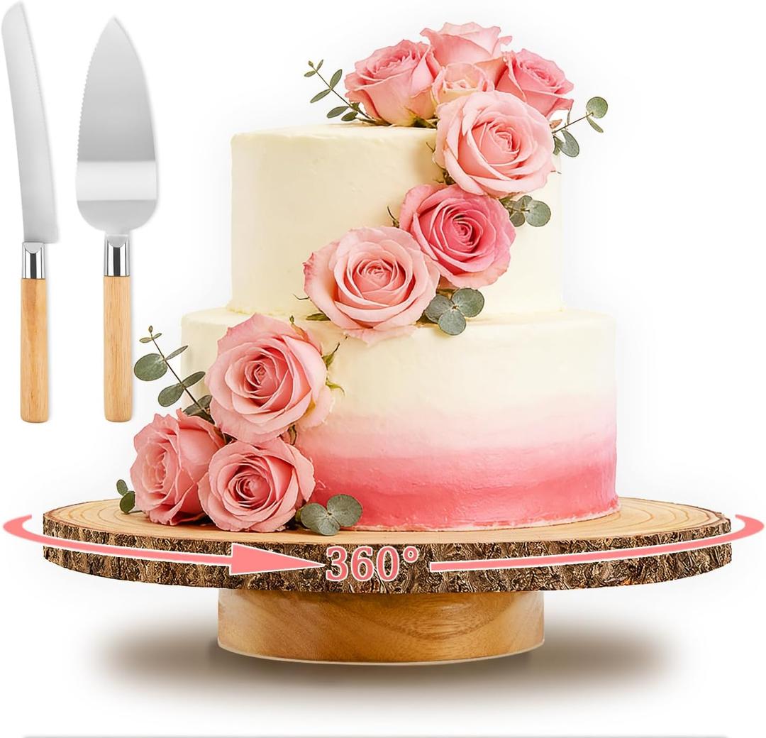 Rotating Cake Stand,12" Rustic Wood Cake Stand with Cake Cutting Set,Rustic Cake Holder for Party/Wedding/Birthday/Reception Event/Rotating Cake Display Stand