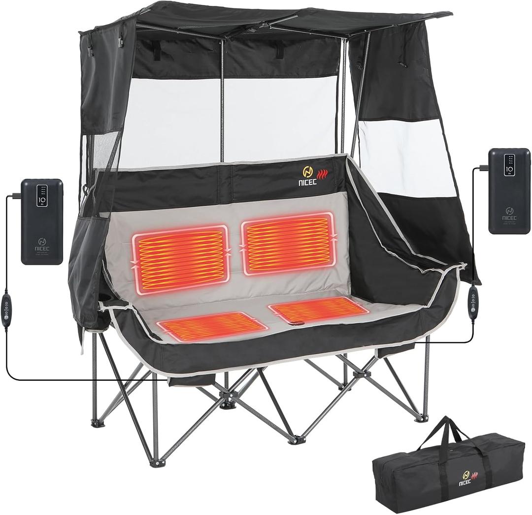 Nice C Heated Double Camping Chair, Canopy Camping Loveseat Couch, Heated
