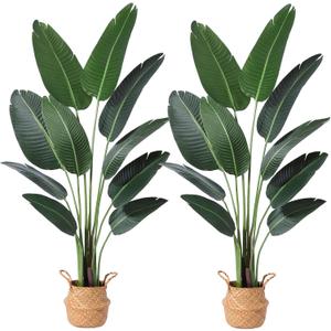 Artificial Bird of Paradise Plants 5Ft Fake Tropical Palm Tree with 10 Trunks in Pot and Woven Seagrass Belly Basket Perfect Faux Plant for Home Indoor Outdoor Office Modern Decor Green 2 Pc