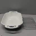 Vintage Casserole Dish 7.3 x 11.8, Ceramic Baking Dish with Oil Drip Rack, 1.26 Qt Blue and White Roasting Pan with Double Handles, Oven Safe and Durable for Baking, Lasagna, Wedding Gift