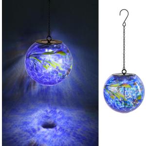 VCUTEKA Solar Hanging Lanterns Outdoor Decoration, Glass Solar Lights with Hook Up, Solar Garden Gazing Ball Light for Yard, Tree and Patio Decor, Blue