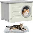 Plastic Outdoor Cat House Weather Proof & Insulated, Waterproof Elevated Cat Shelter Stackable Pet House Cat Wave for Outdoor Indoor Use with Bed Cushion (Large, Cream and Grey)