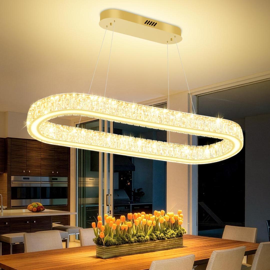Gold 40in Crystal Ring Chandeliers for Dining Room Dimmable Linear Oval Crystal Ring Pendant Light for Kitchen Island 1 Linear Chandelier LED Acrylic Pendant Lighting, 40in*11.8in