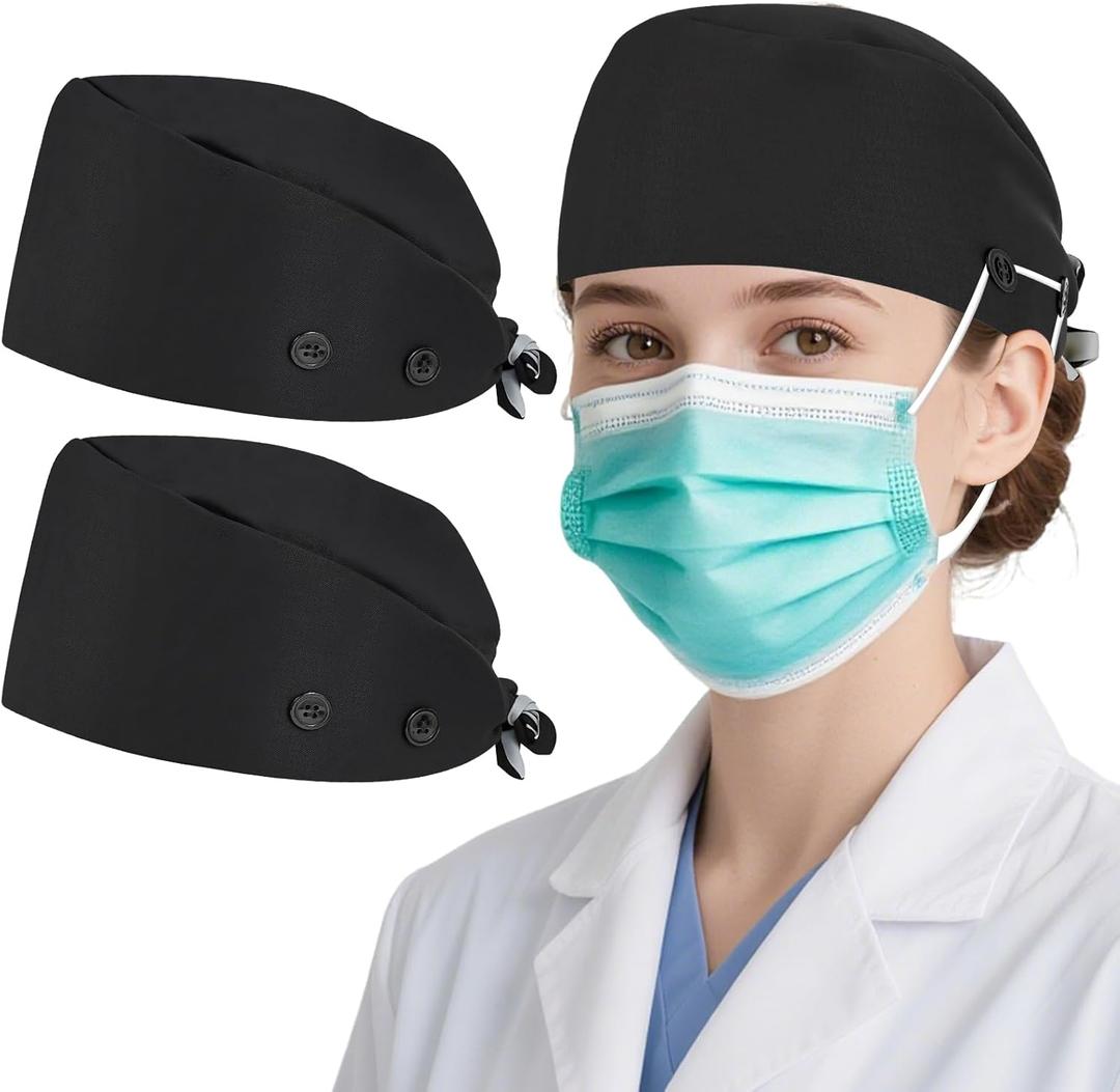 2 Pack Cotton Scrub Caps Women Men Satin Lined with Sweatband 4 Buttons