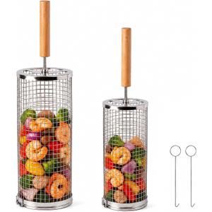 Rolling Grill Basket 2 Pack, Stainless Steel BBQ Grilling Cage | Removable Wooden Handle, Secure Locking Design for Vegetables, Seafood & Meat, Perfect for Smoker and Backyard BBQ