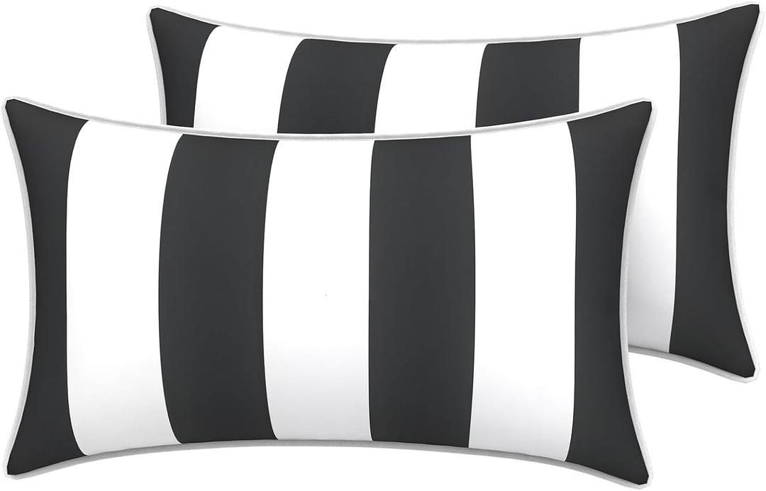 LVTXIII 2 Pack Outdoor Lumbar Pillow Covers 12x20 Inch with Piping, Water-Repellent Back Cushion Covers ONLY for Patio Furniture, Sofa, Garden Bench, Cabana Black