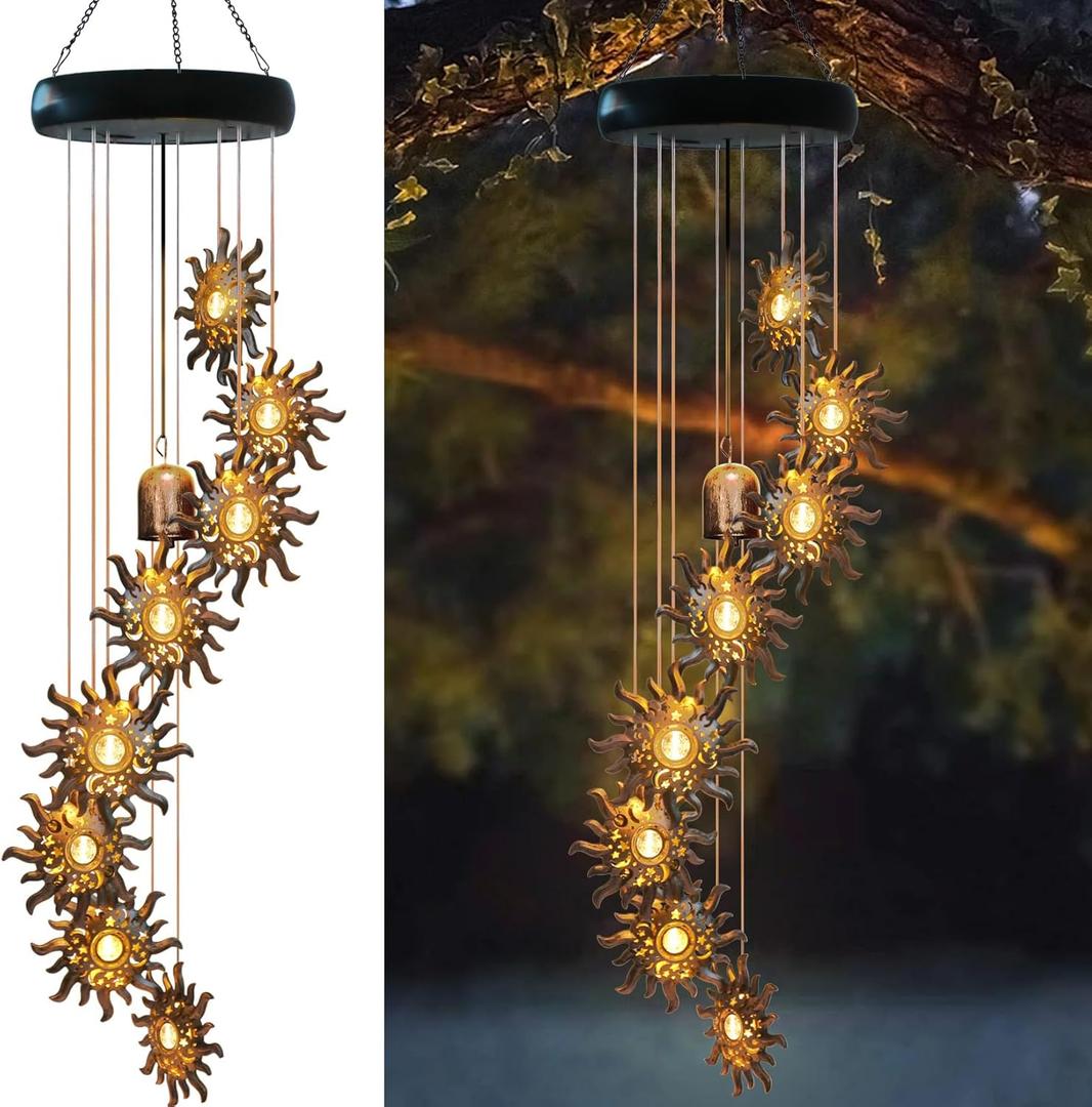 8 LED Solar Upgarde Sun Moon Star Wind Chimes Outdoor,Mom Gifts for Mothers Day Grandma Gift Sun Wind Chimes for Outside,Hanging Lights Warm LED,Outdoor Sun Decor,Gifts for Wife