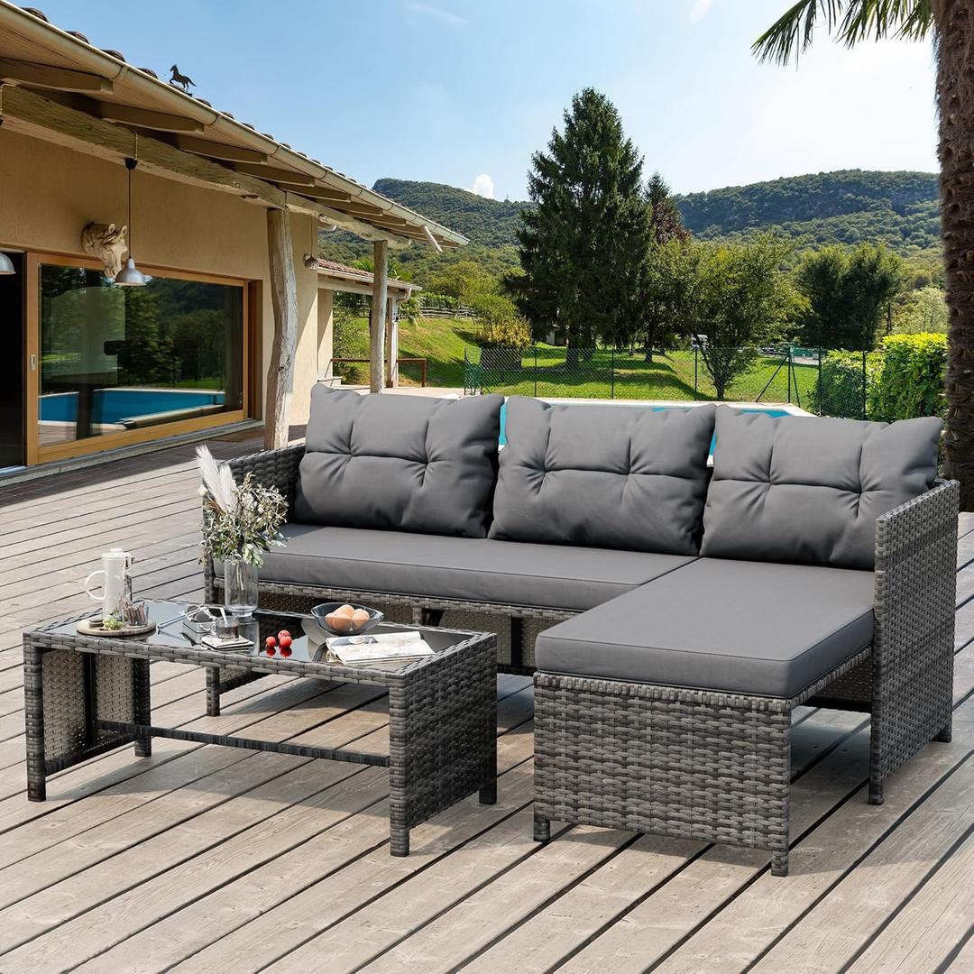Shintenchi 3-Piece Outdoor Patio Furniture Sets, Wicker Patio Conversation Sets, All Weather Wicker Rattan Patio Seating Sofas with Glass Coffee Table and Cushion, Gray