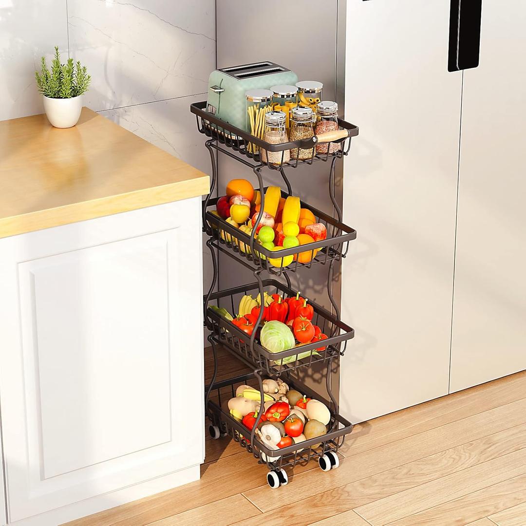 4 Tier Slim Fruit Basket for Kitchen, Stackable Metal Wire Fruit Vegetable Storage Baskets Organizer Stand on Wheels, Produce Basket Potato Onion Storage Bins Rack for Pantry. (Black)