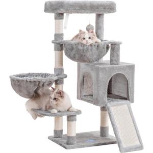Hey-brother Cat Tree, Cat Tower for Indoor Cats, Cat House with Large Padded Bed, Cozy Condo, Hammocks, Sisal Scratching Posts, Big Scratcher, Light Gray MPJ006SW (35.4 inch)