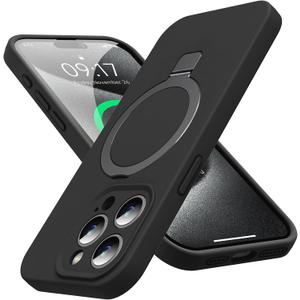 Mag-Ring Designed for iPhone 15 Pro Max Case, Liquid Silicone [Moisturizing Factor] Extreme Soft Slim Phone Case with Stand [Compatible with MagSafe] for 15 Promax 6.7 inch Men Women, Black