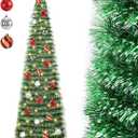 5 FT Pop Up Christmas Tree with Timer Lights and Decorations, Green Tinsel Artificial Christmas Tree with 24 Balls Ornaments, Collapsible Pencil Tree for Xmas Home Office Party Decor (Green - White Edges)