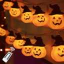 Halloween Pumpkin String Lights with Witch Hat, 20 LED 16.4FT 8 Modes Timer 3D Waterproof Orange Jack-O-Lantern Battery Operated Flickering Lights for Indoor Outdoor Decor Party Decorations