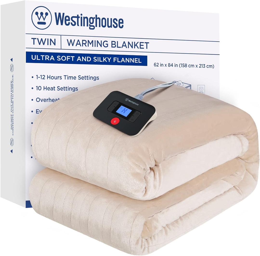 Westinghouse Electric Blanket Twin Size, Super Cozy Soft Flannel 62"" x 84"" Heated Blanket with 10 Fast Heating Levels & 1-12 Auto-Off, Machine Washable, ETL&FCC Certification, Beige