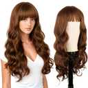 Long Brown Wigs for White Women Kinky 26 Inch Middle Part Glue less Wig 180% Density Wear Curly Wavy Wigs with bangs Brown Wig Upgraded Protein Fiber Hair for Daily Party Use. (Brown)