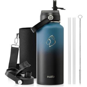 BUZIO Water Bottle with Straw Lid and Flex Cap, 32oz Modern Double Vacuum Stainless Steel Water Flask, Cold for 48 Hrs Hot for 24 Hrs Simple Thermo Canteen Mug, Indigo Black