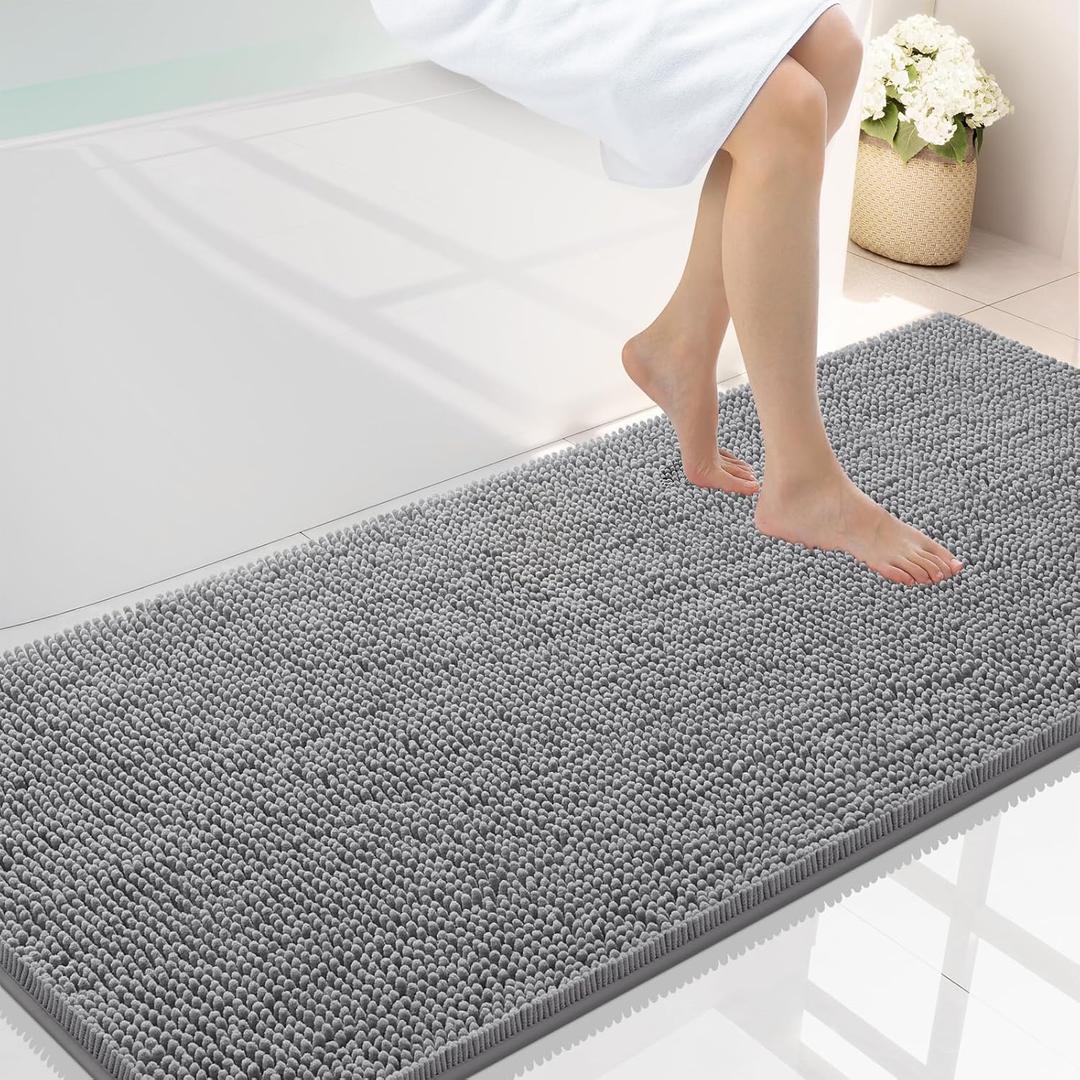 Smiry Luxury Chenille Bathroom Rugs 59x24, Extra Soft and Absorbent Shaggy Bath Mat, Machine Washable, Non-Slip Plush Carpet Runner for Tub, Shower, and Floor, Home Decor Accessories, Grey