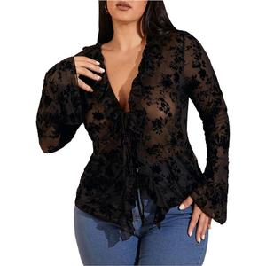 Floral Lace Sheer T Shirt Tie Front Long Bell Sleeve Tee Going Out Tops, Size  XS