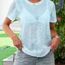 Allimy Women's Sexy See Through Sheer Lace Summer Tops Crew Neck Short Sleeve T Shirts (Blue, XXXL)