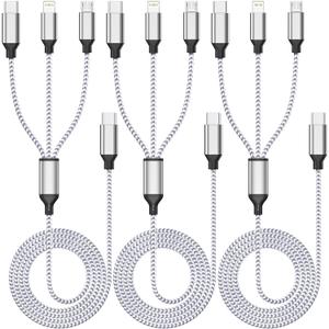 Multi Charging Cable 4ft 3Pack 3 in 1 Charger Cord, Multiple Usb C Port Rapid Nylon Braided Cable USB Charging Cable Multi Phone Charger Cord with Type C Micro Lightning USB Connectors for Cell Phones (White/Silver-4ft)